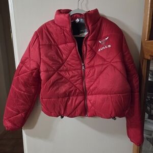 Erin Andews Red Bulls Puffer Crop Jacket with waist Cinch